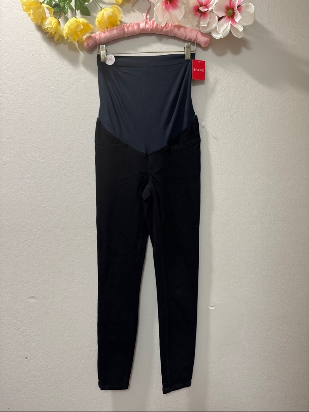 SPANX Black Leggings with Dark Navy Waist Panel
